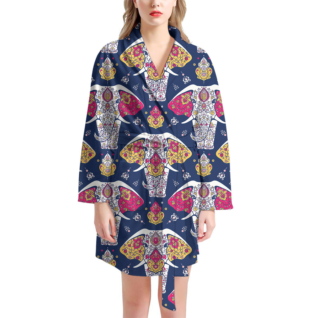 Indian Floral Elephant Pattern Print Women's Bathrobe