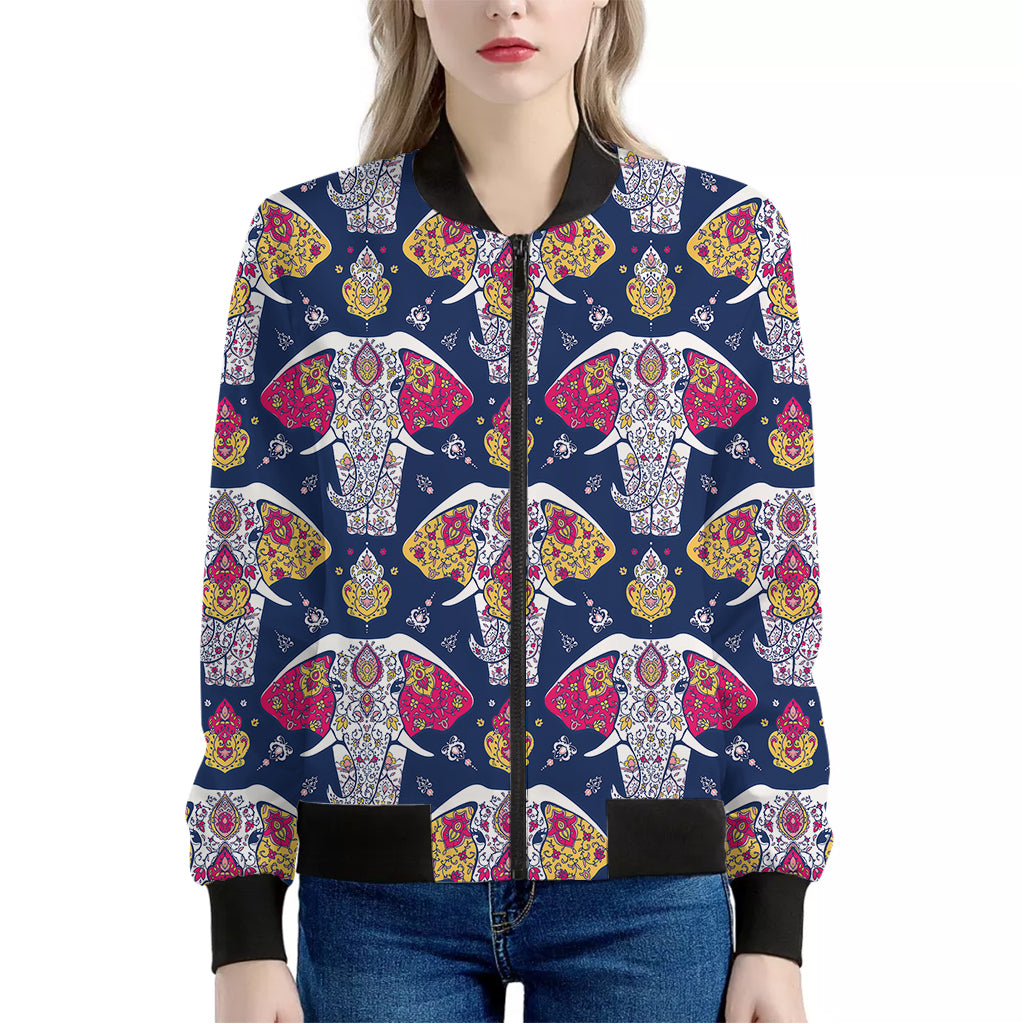 Indian Floral Elephant Pattern Print Women's Bomber Jacket