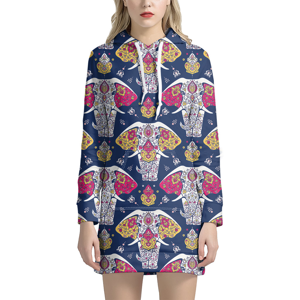 Indian Floral Elephant Pattern Print Women's Pullover Hoodie Dress