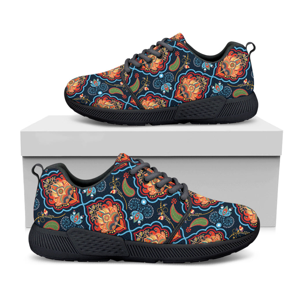 Indian Floral Paisley Pattern Print Black Athletic Shoes