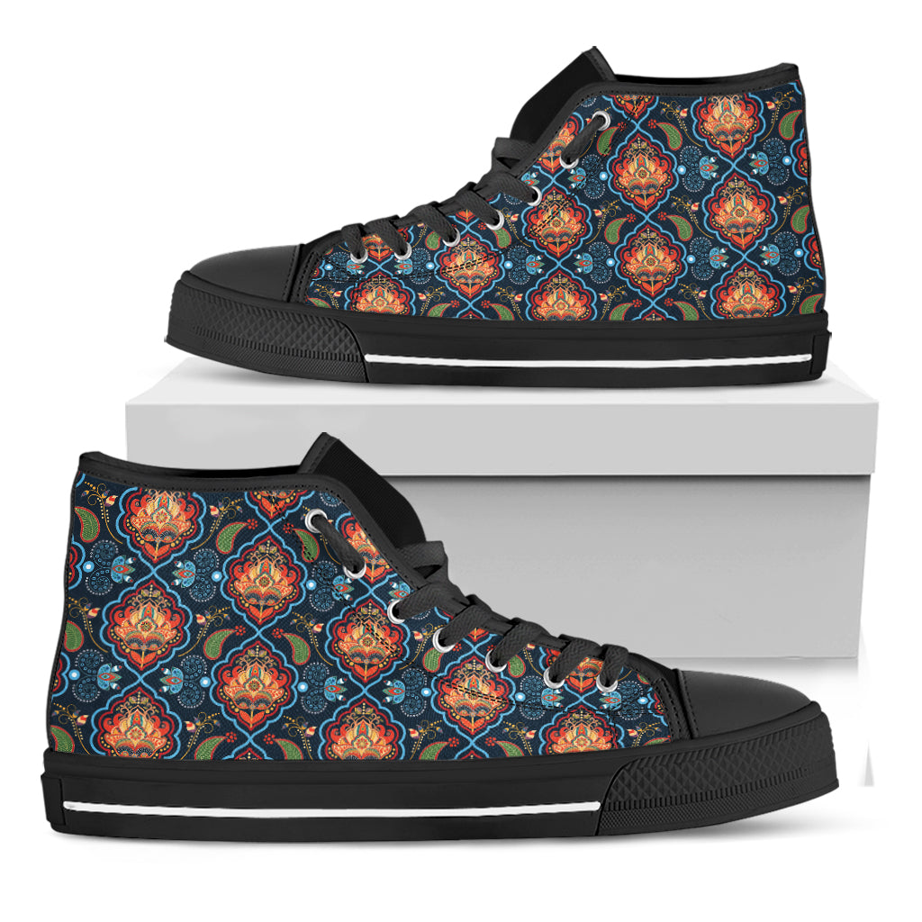 Indian Floral Paisley Pattern Print Black High Top Shoes