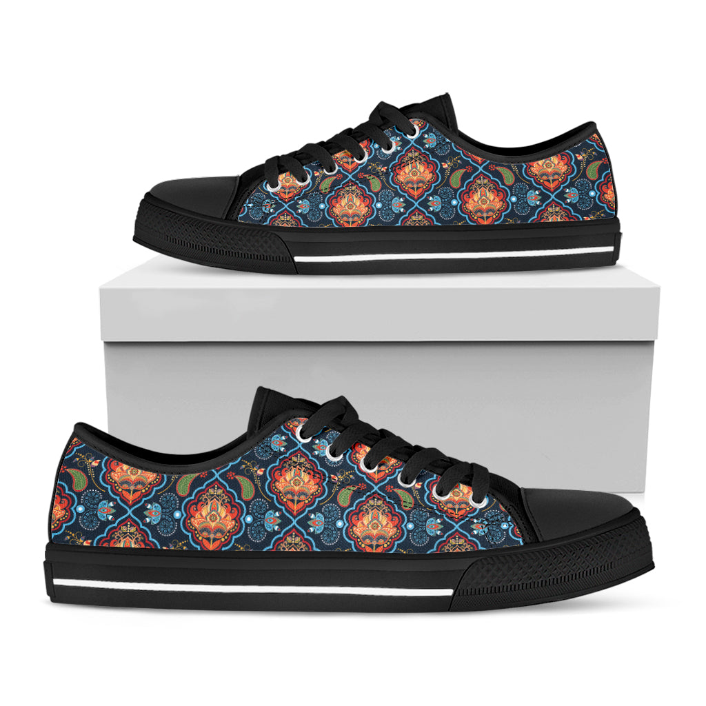 Indian Floral Paisley Pattern Print Black Low Top Shoes