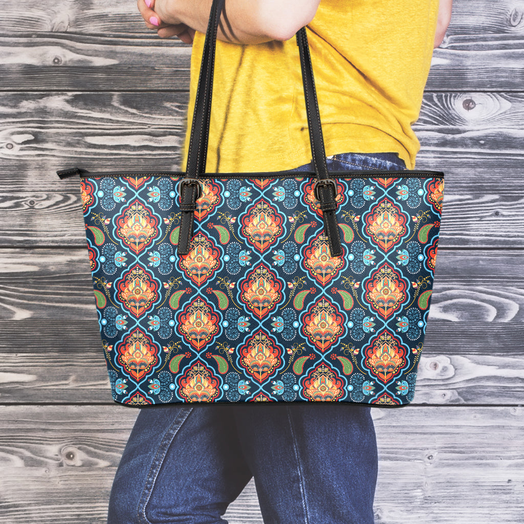 Indian Floral Paisley Pattern Print Leather Tote Bag