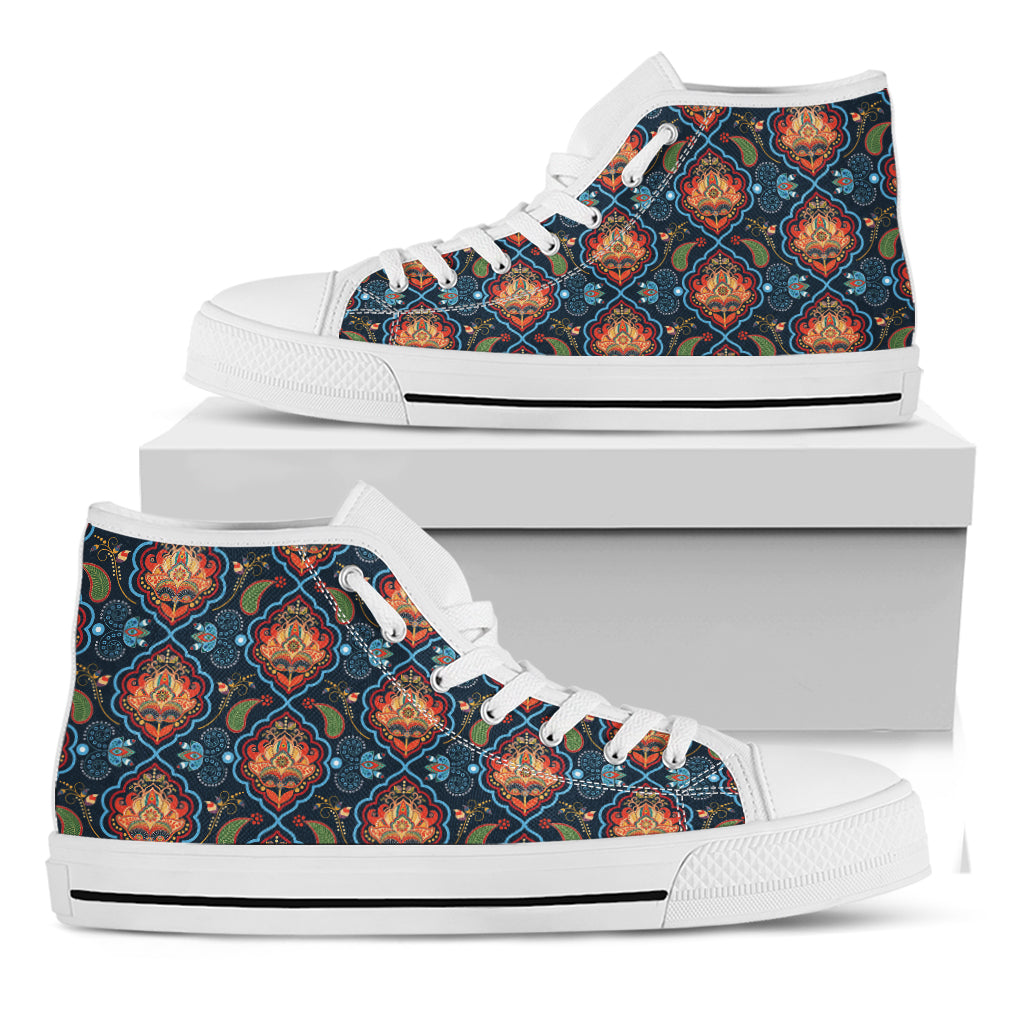 Indian Floral Paisley Pattern Print White High Top Shoes