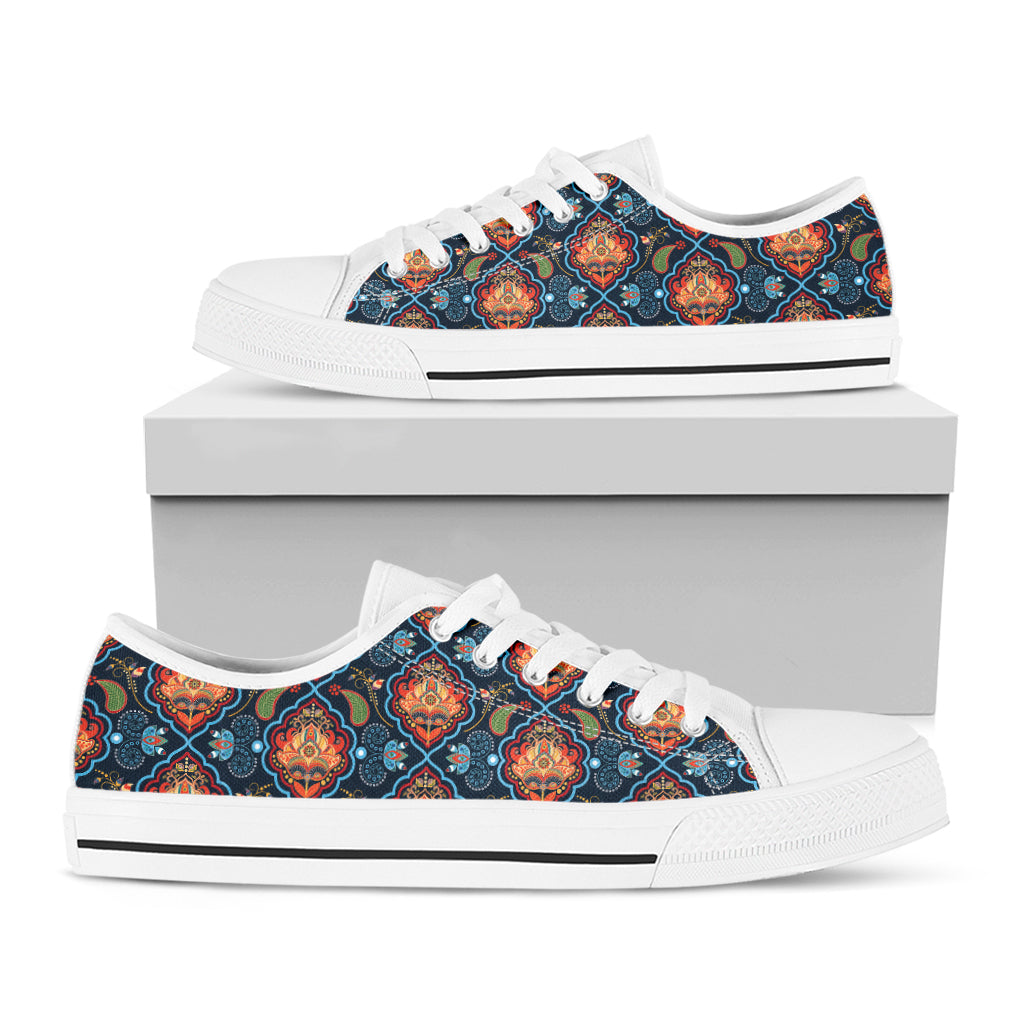 Indian Floral Paisley Pattern Print White Low Top Shoes