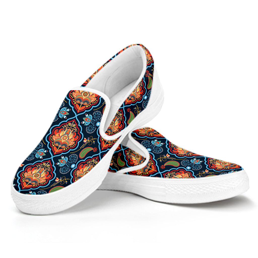 Indian Floral Paisley Pattern Print White Slip On Shoes