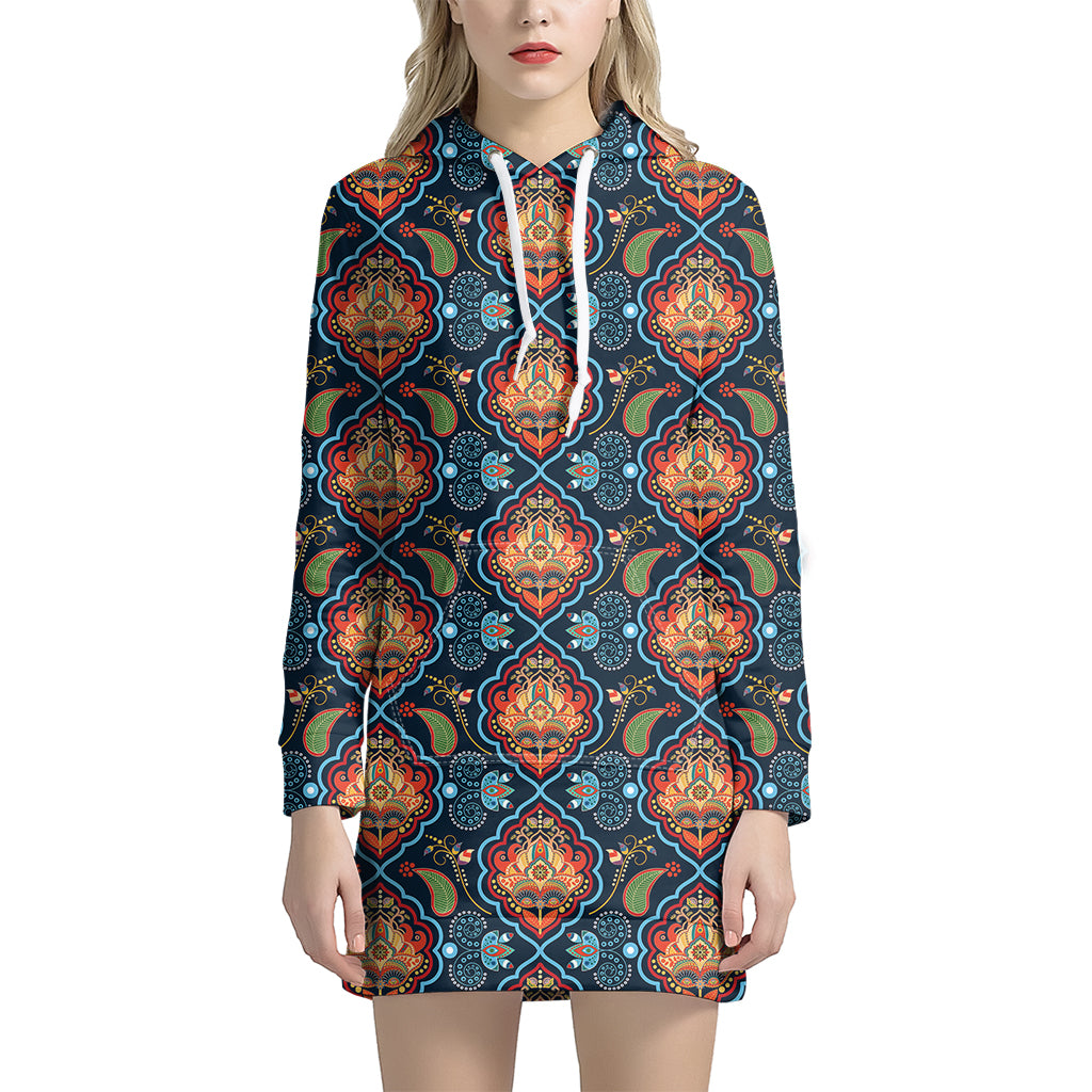 Indian Floral Paisley Pattern Print Women's Pullover Hoodie Dress