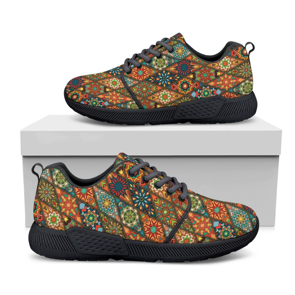 Indian Floral Patchwork Pattern Print Black Athletic Shoes