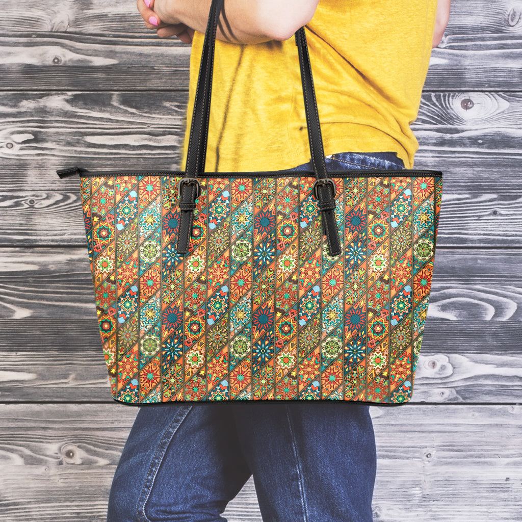 Indian Floral Patchwork Pattern Print Leather Tote Bag