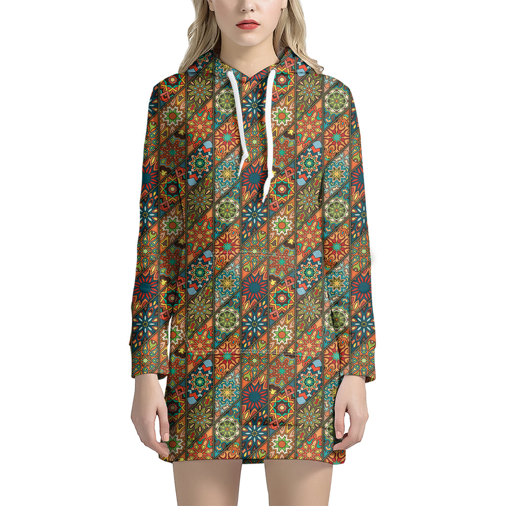 Indian Floral Patchwork Pattern Print Women's Pullover Hoodie Dress