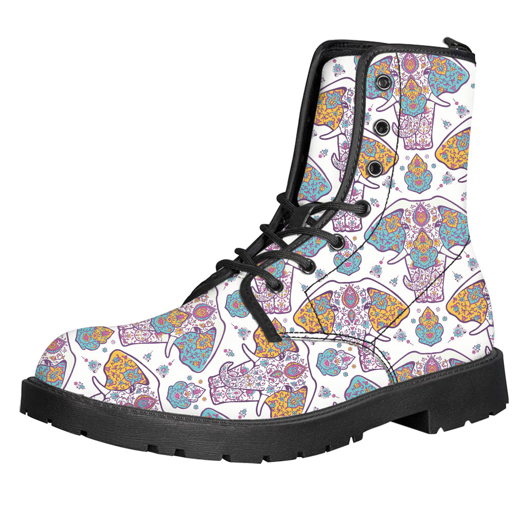 Indian Flower Elephant Pattern Print Leather Boots