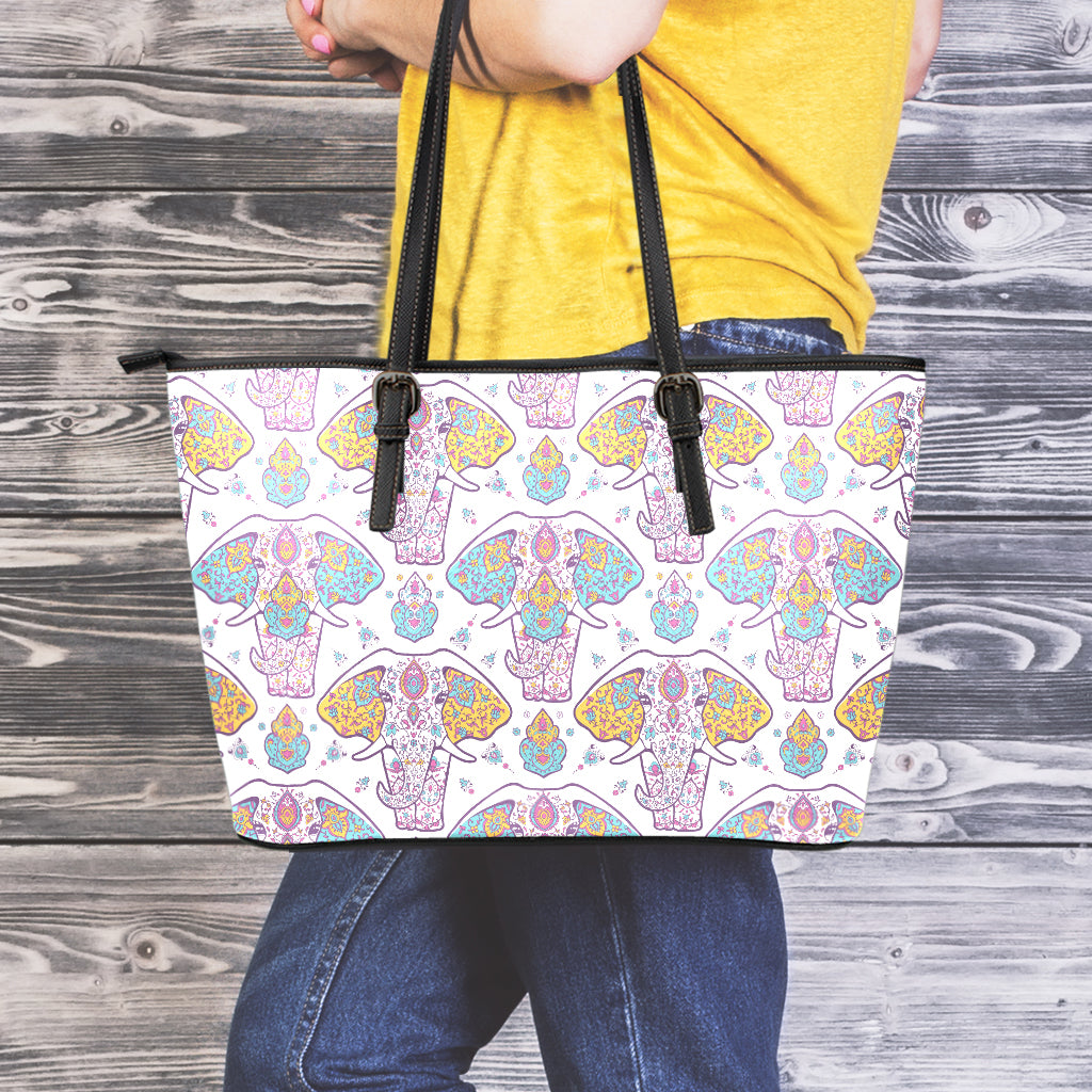 Indian Flower Elephant Pattern Print Leather Tote Bag