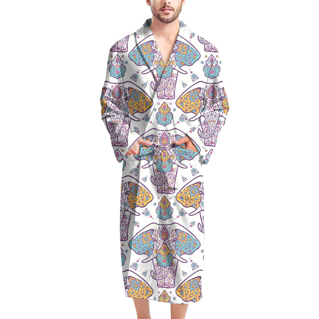 Indian Flower Elephant Pattern Print Men's Bathrobe