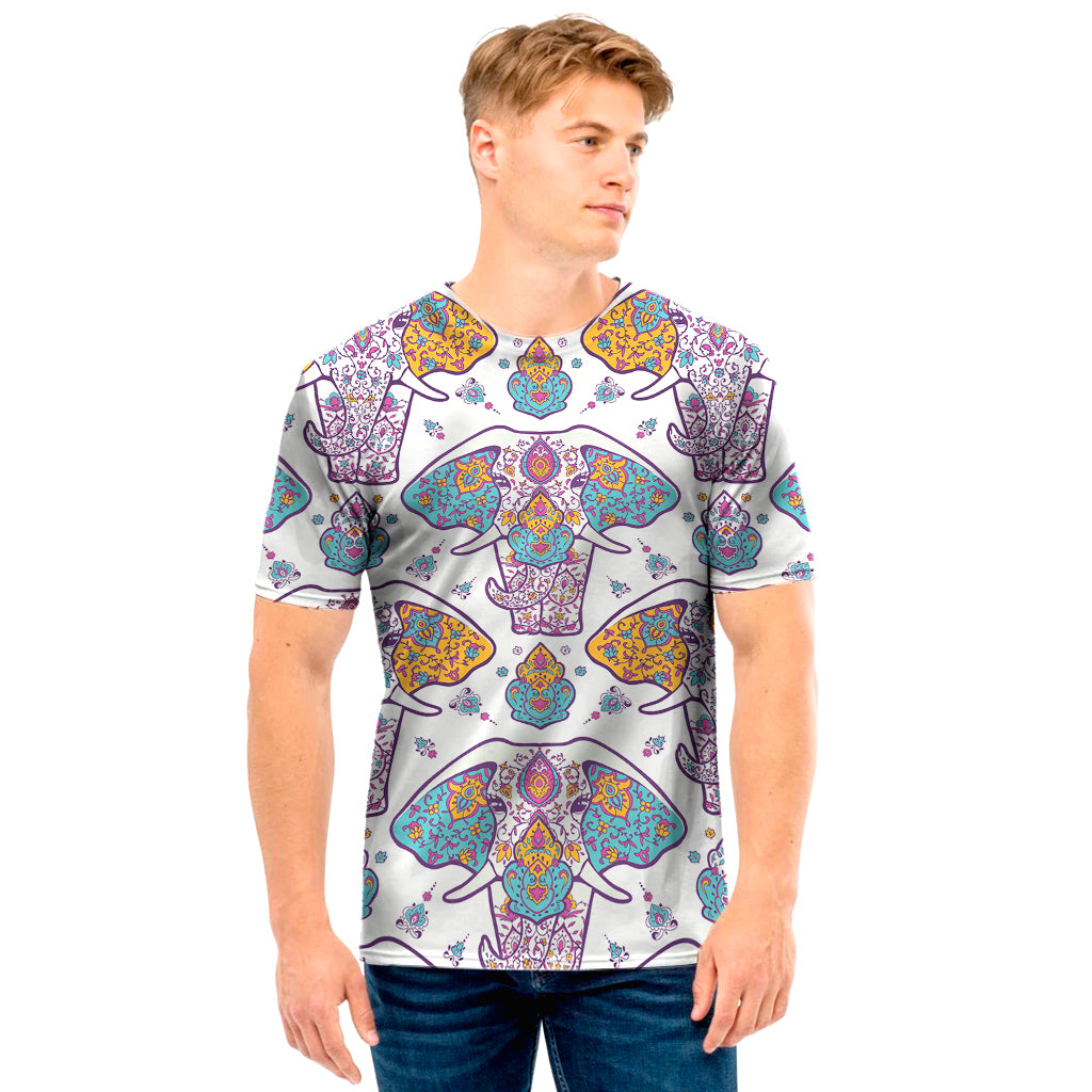 Indian Flower Elephant Pattern Print Men's T-Shirt