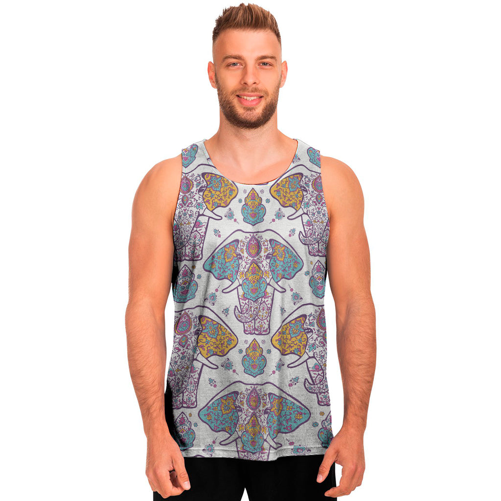 Indian Flower Elephant Pattern Print Men's Tank Top