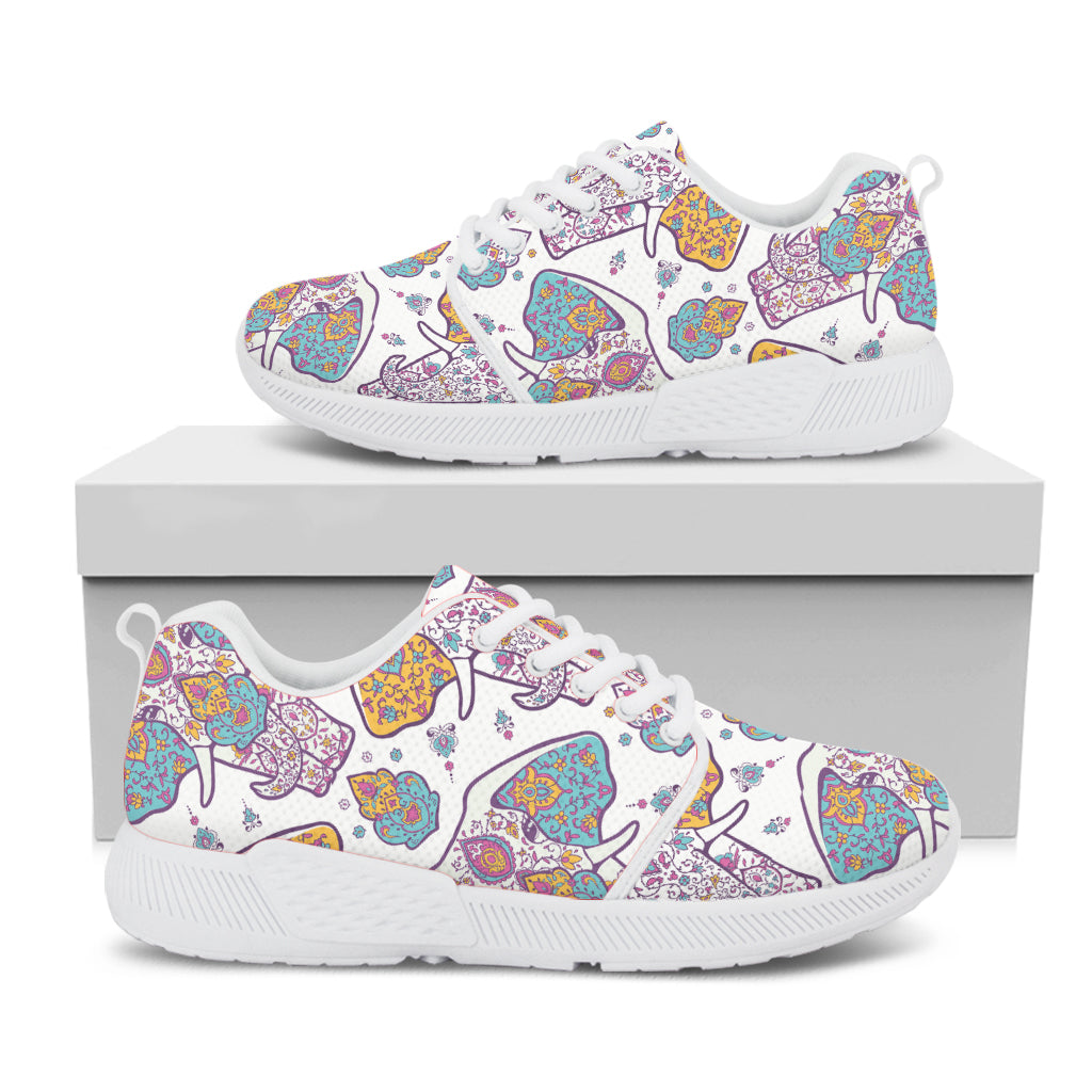 Indian Flower Elephant Pattern Print White Athletic Shoes