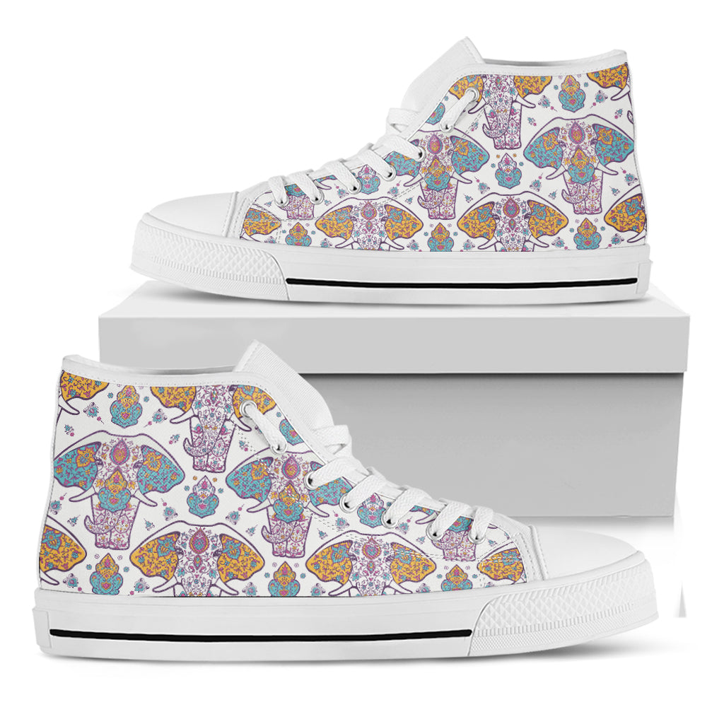 Indian Flower Elephant Pattern Print White High Top Shoes