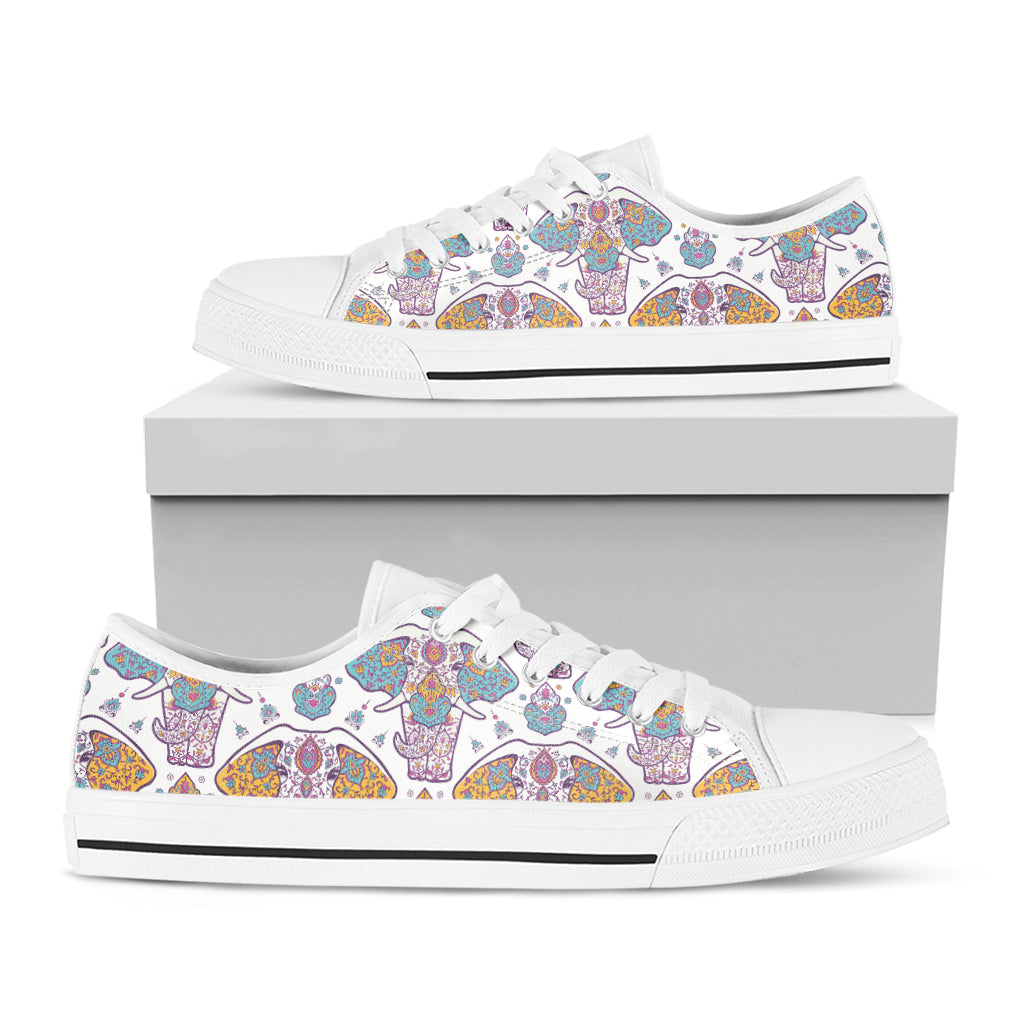 Indian Flower Elephant Pattern Print White Low Top Shoes