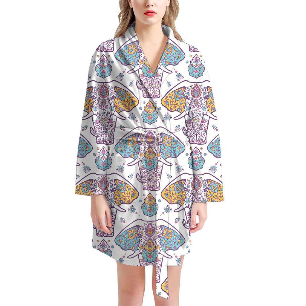 Indian Flower Elephant Pattern Print Women's Bathrobe