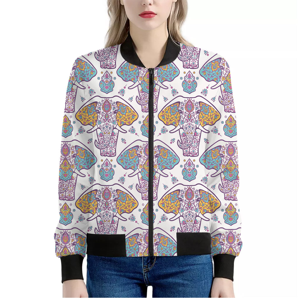 Indian Flower Elephant Pattern Print Women's Bomber Jacket