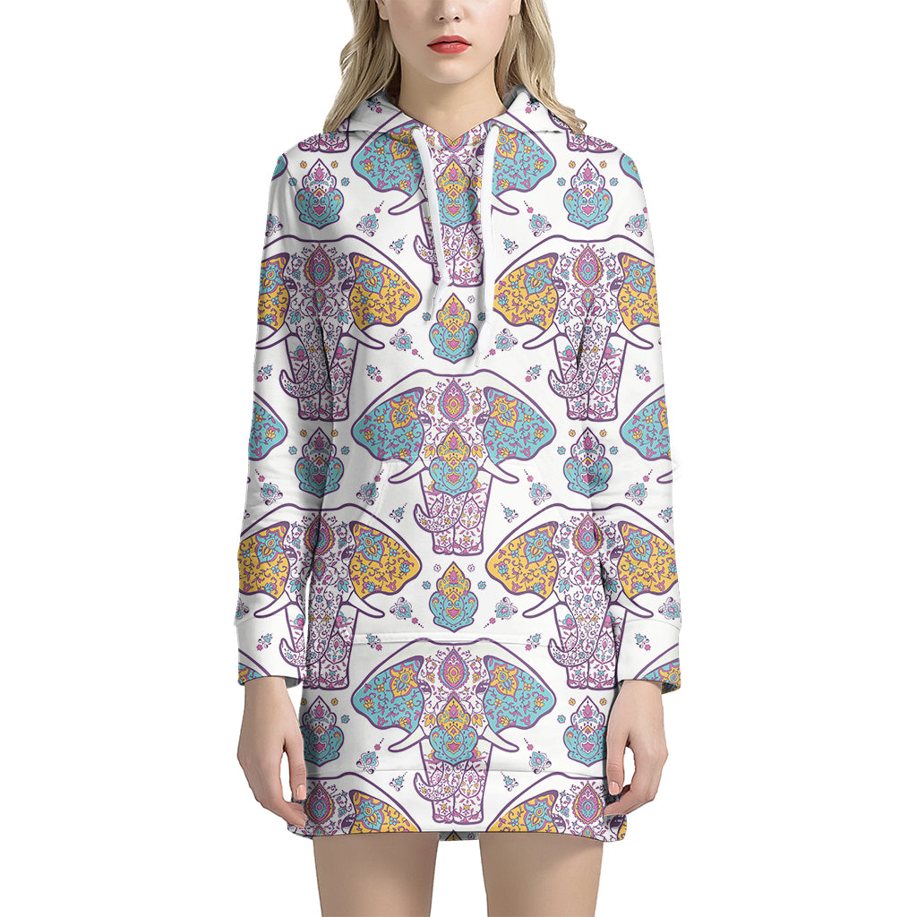 Indian Flower Elephant Pattern Print Women's Pullover Hoodie Dress