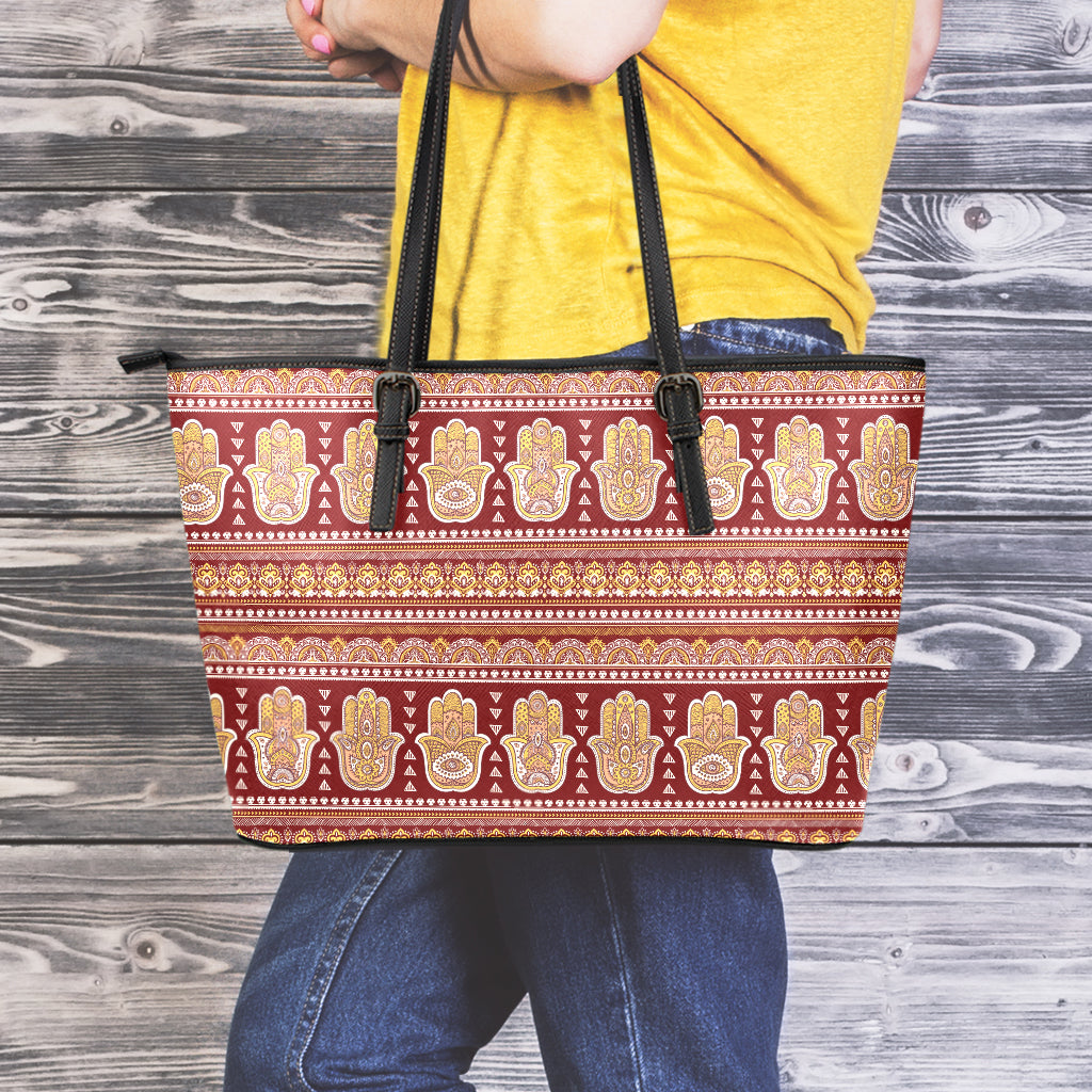 Indian Hamsa Hand Print Leather Tote Bag