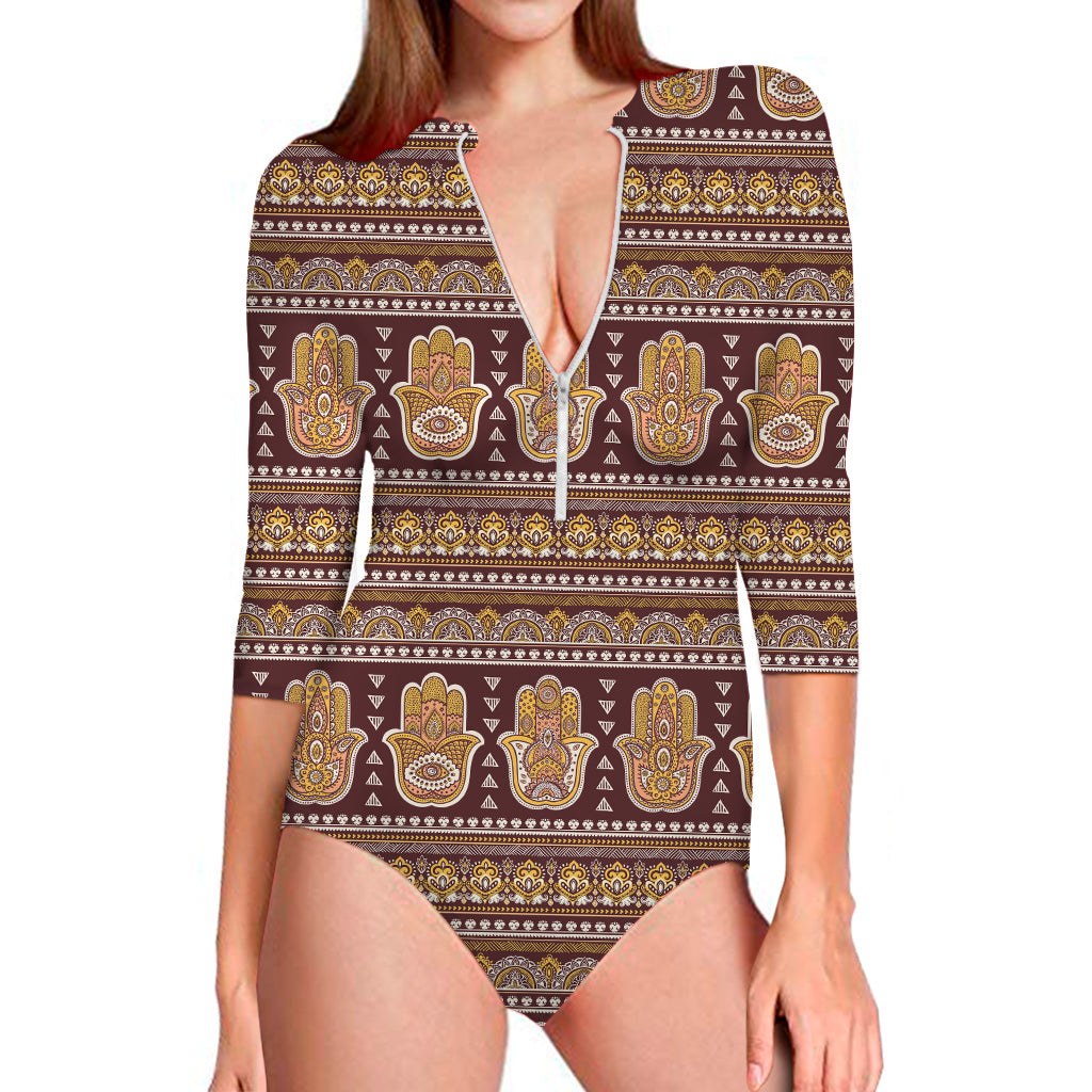 Indian Hamsa Hand Print Long Sleeve One Piece Swimsuit