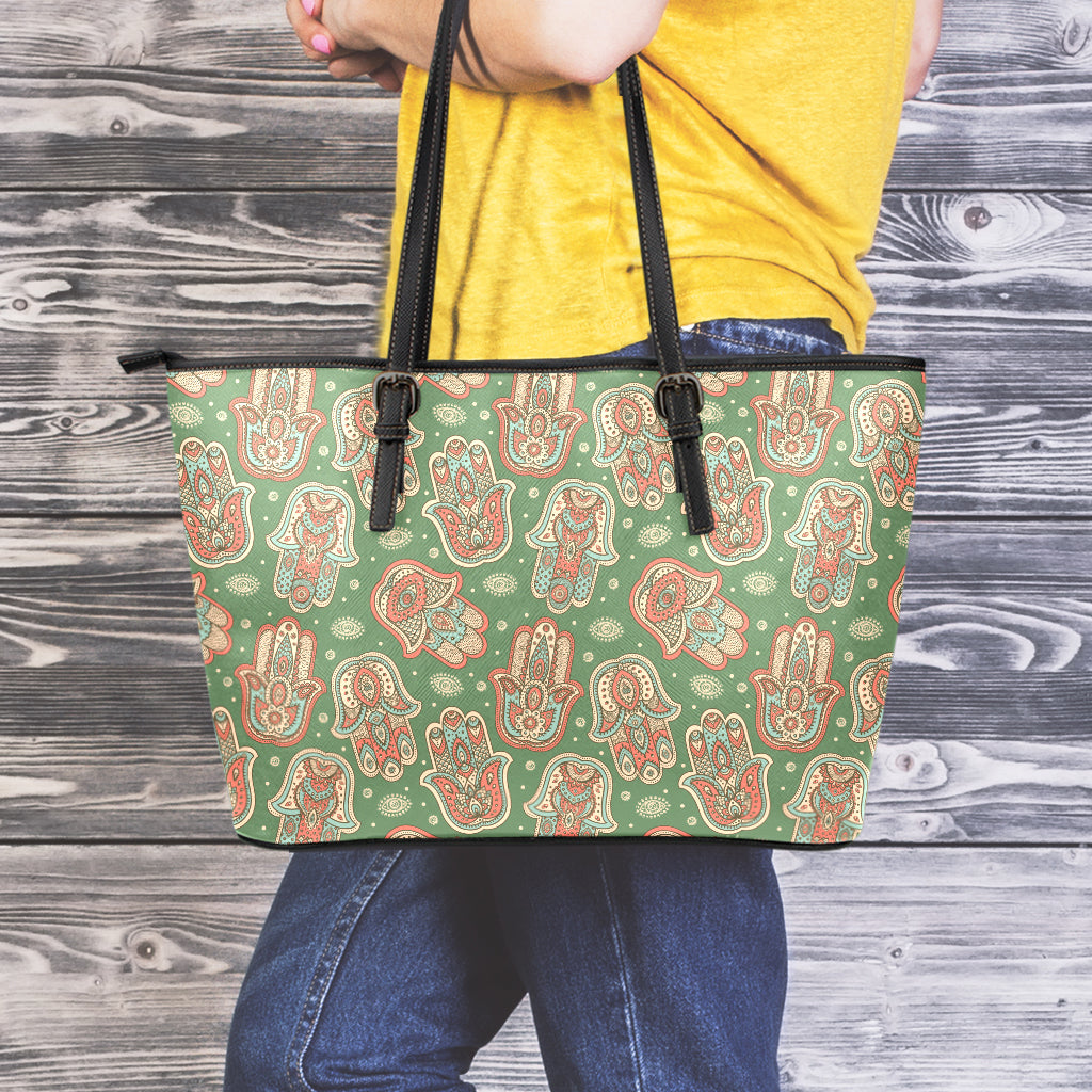 Indian Hamsa Pattern Print Leather Tote Bag