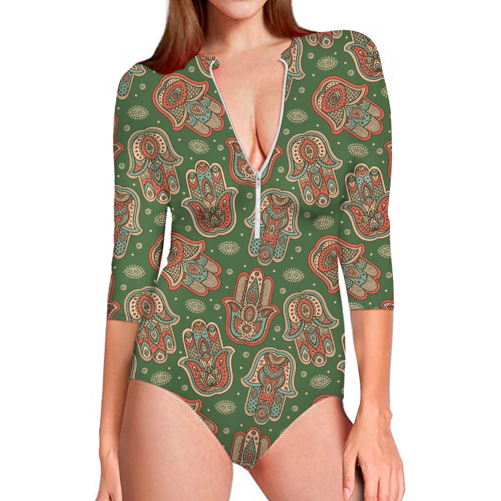 Indian Hamsa Pattern Print Long Sleeve One Piece Swimsuit