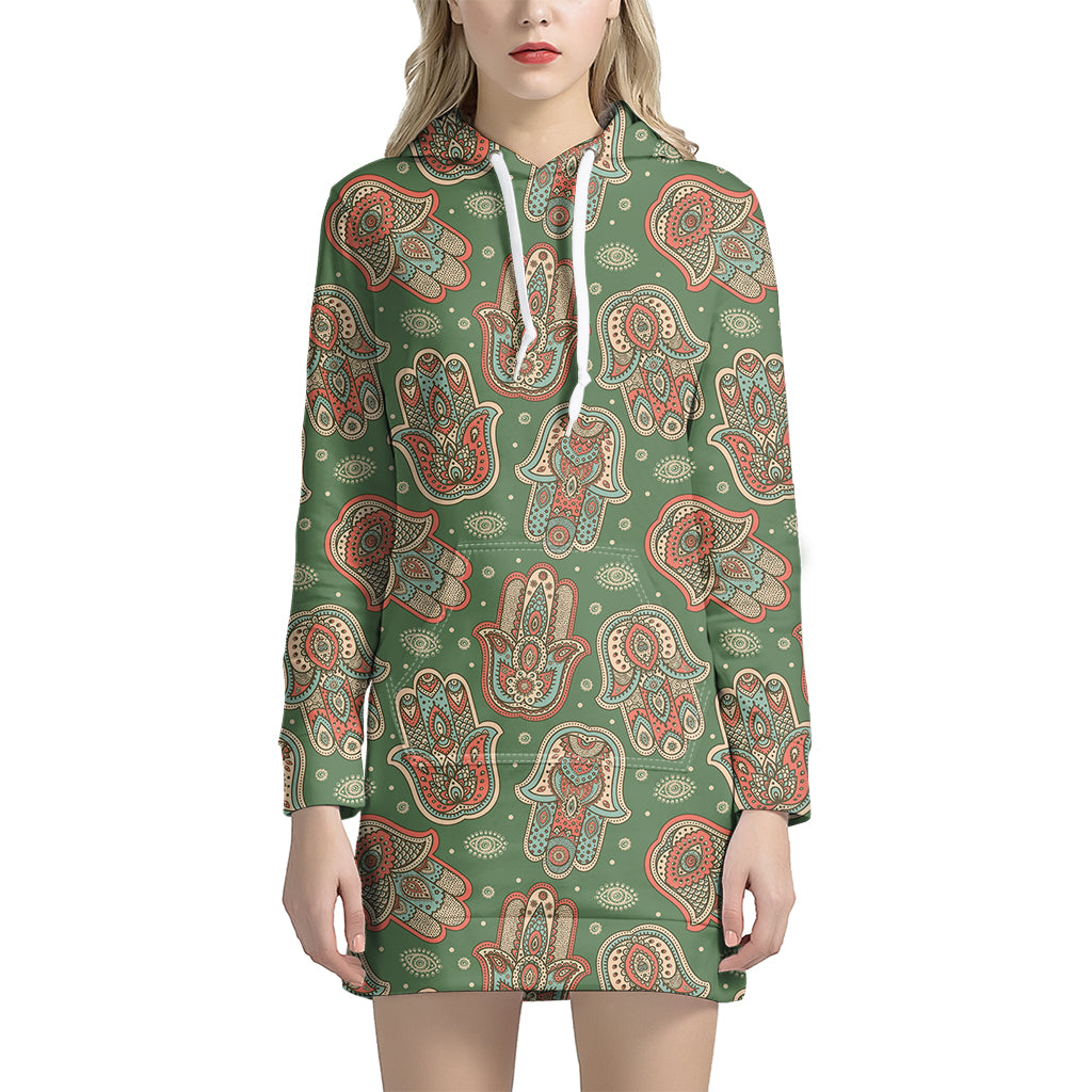 Indian Hamsa Pattern Print Women's Pullover Hoodie Dress