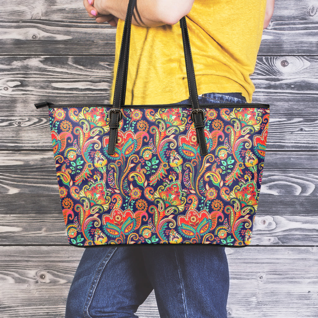 Indian Paisley Pattern Print Leather Tote Bag