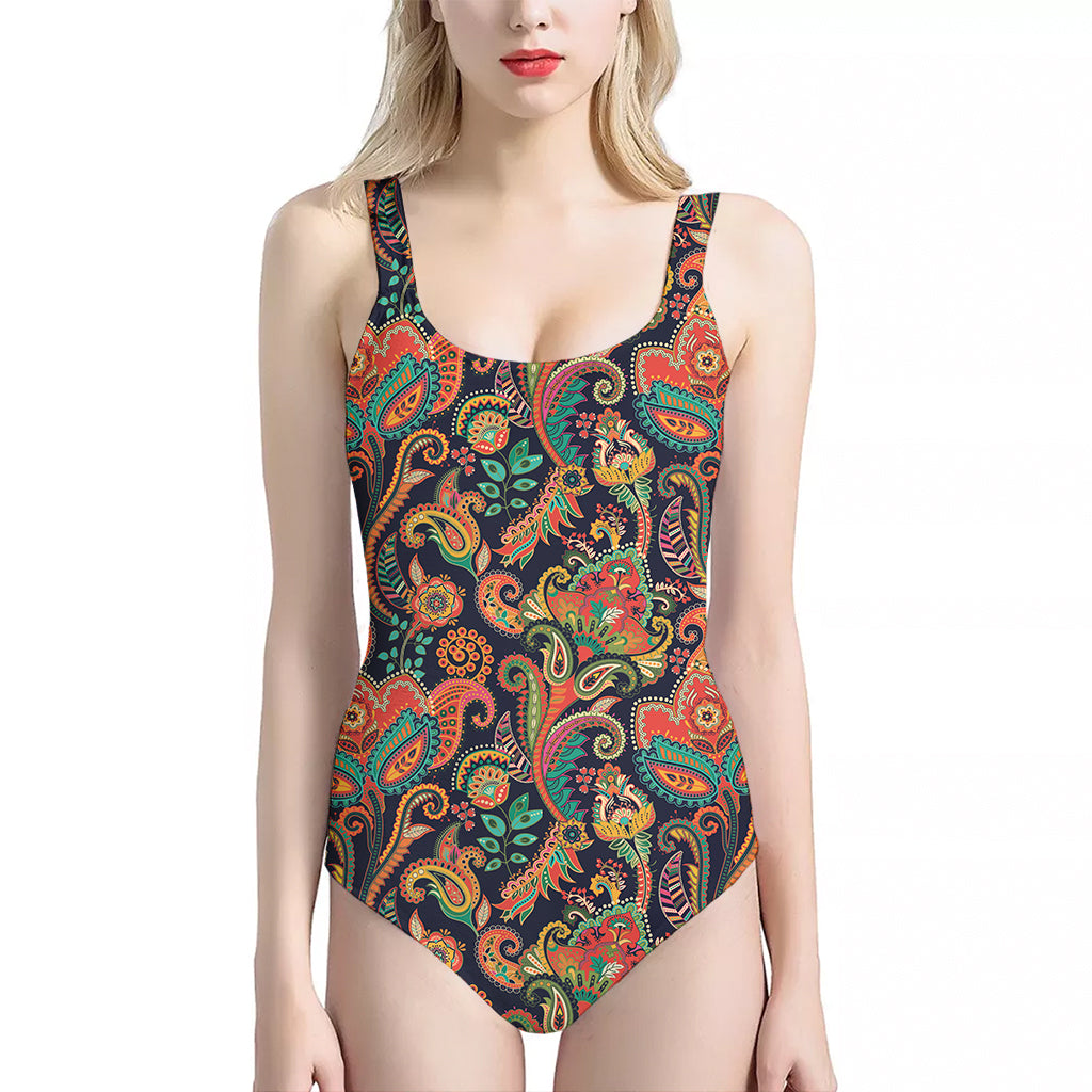 Indian Paisley Pattern Print One Piece Halter Neck Swimsuit