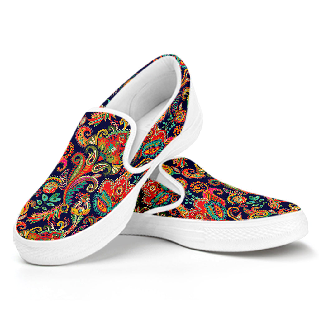 Indian Paisley Pattern Print White Slip On Shoes