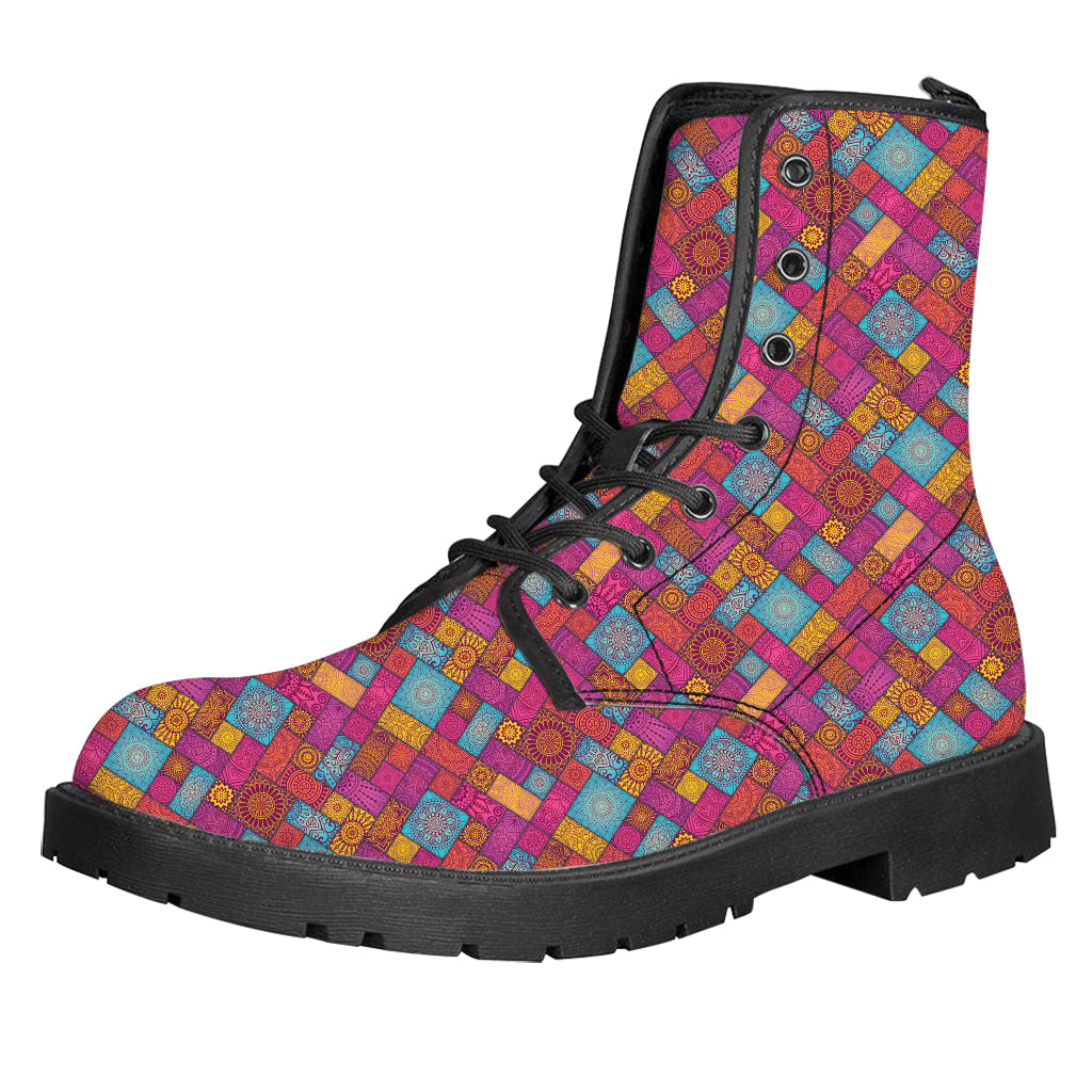 Indian Patchwork Pattern Print Leather Boots