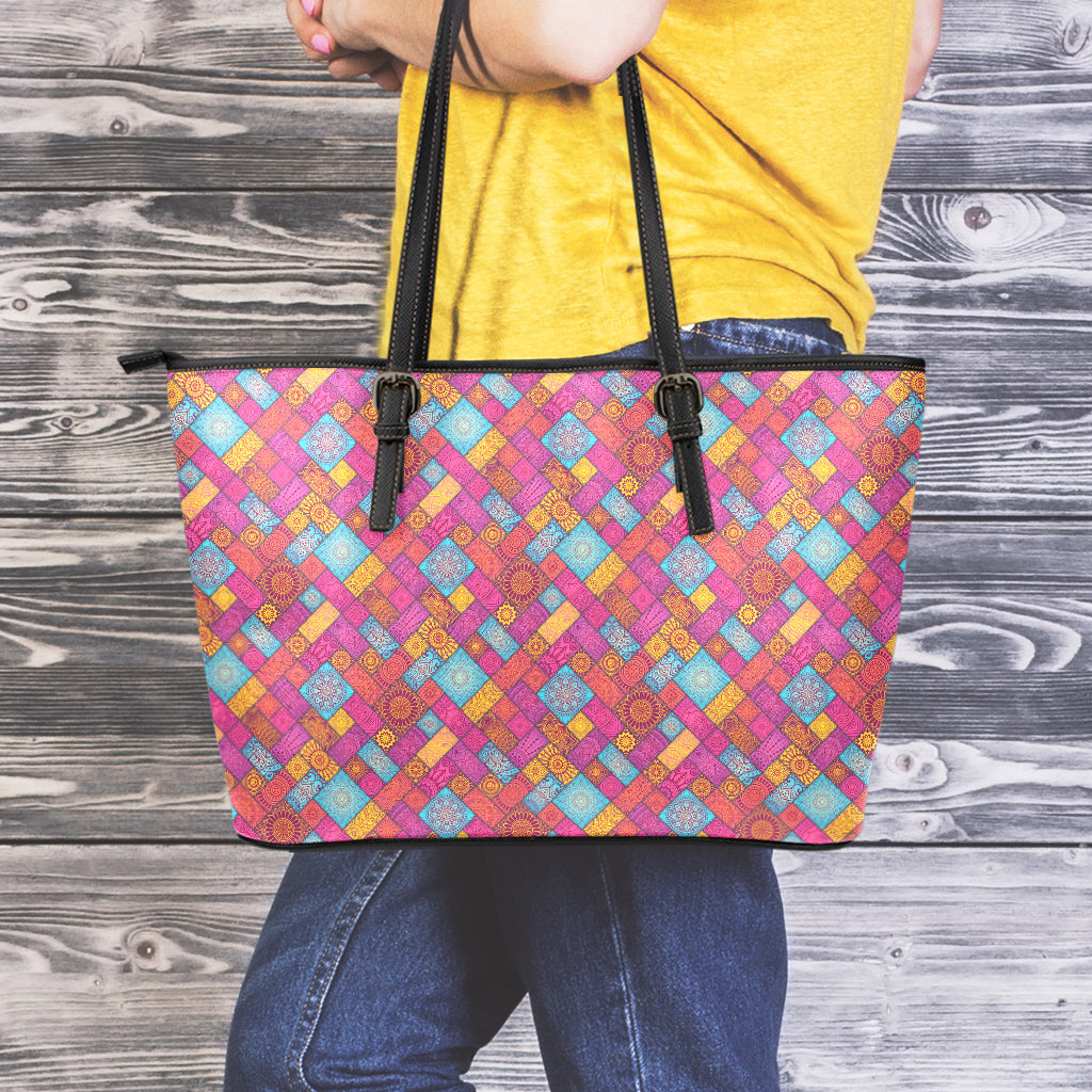 Indian Patchwork Pattern Print Leather Tote Bag