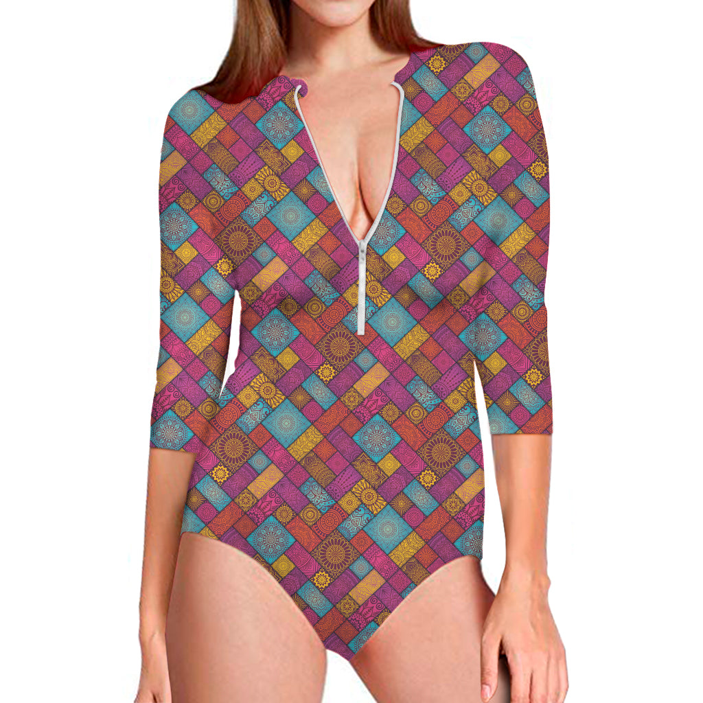 Indian Patchwork Pattern Print Long Sleeve One Piece Swimsuit