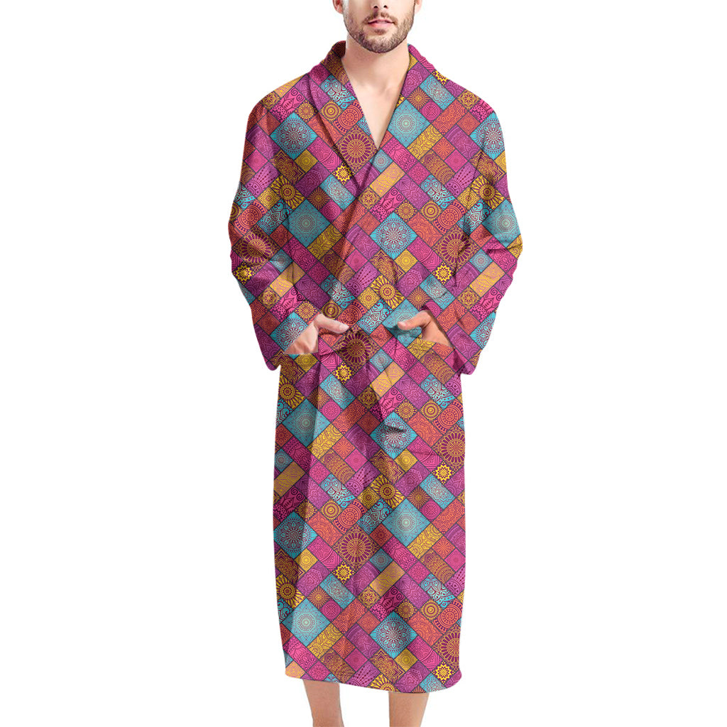 Indian Patchwork Pattern Print Men's Bathrobe