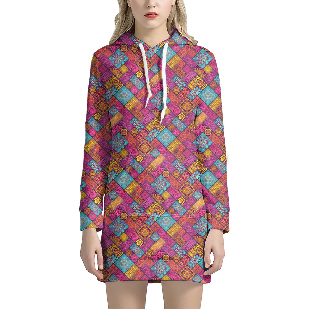 Indian Patchwork Pattern Print Women's Pullover Hoodie Dress