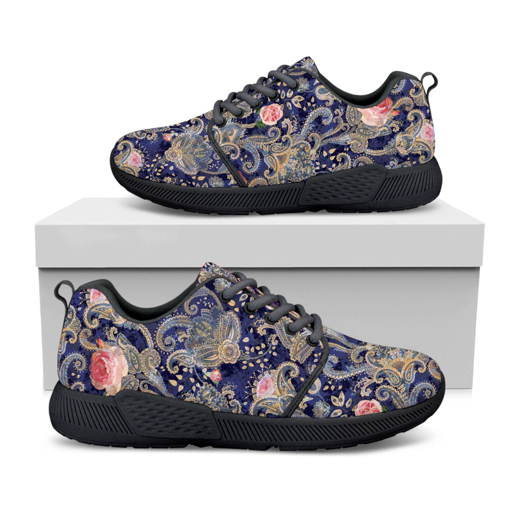 Indian Rose Paisley Pattern Print Black Athletic Shoes