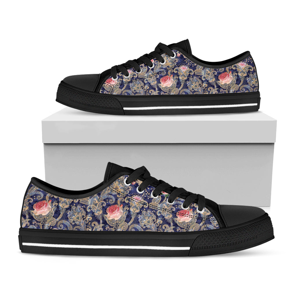 Indian Rose Paisley Pattern Print Black Low Top Shoes