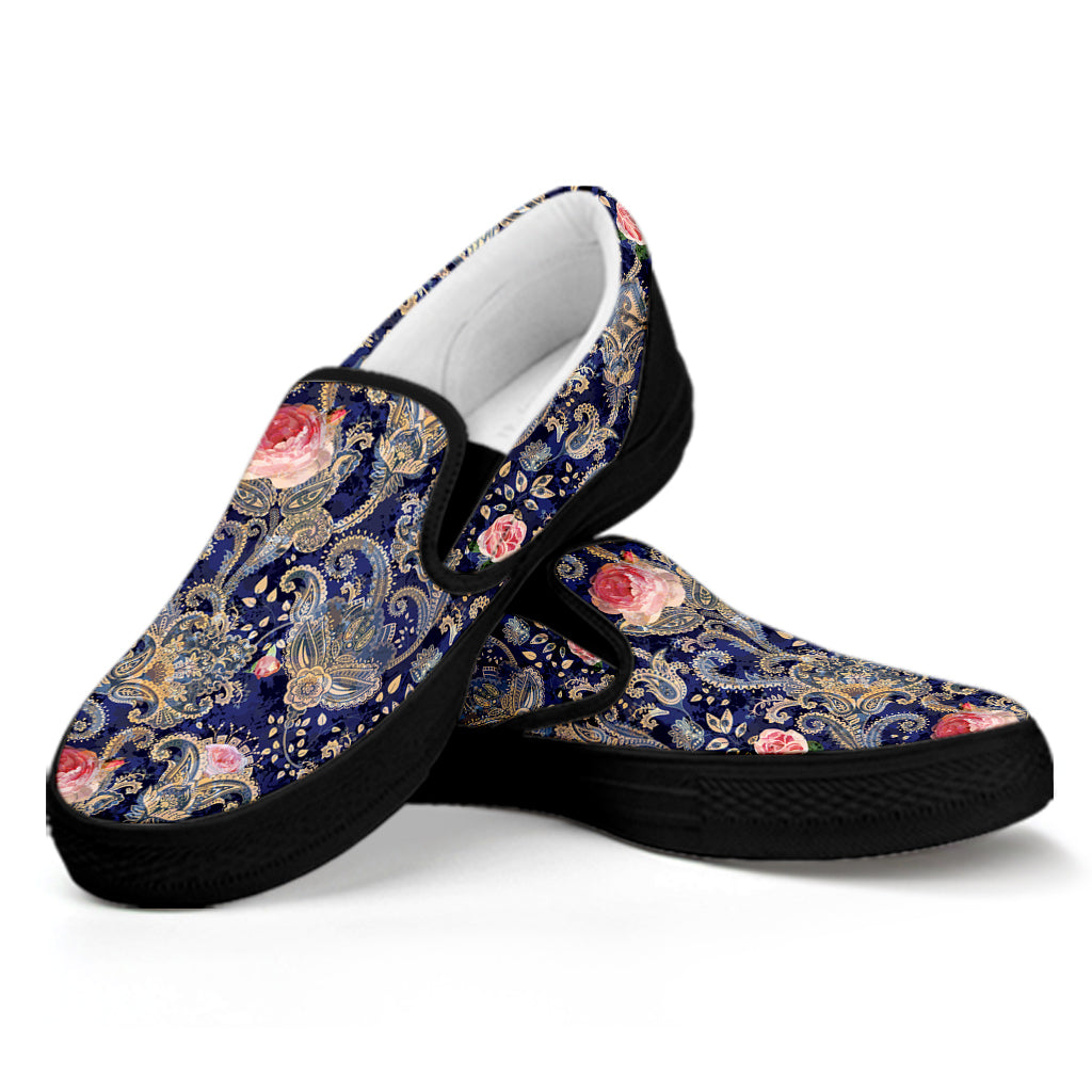 Indian Rose Paisley Pattern Print Black Slip On Shoes