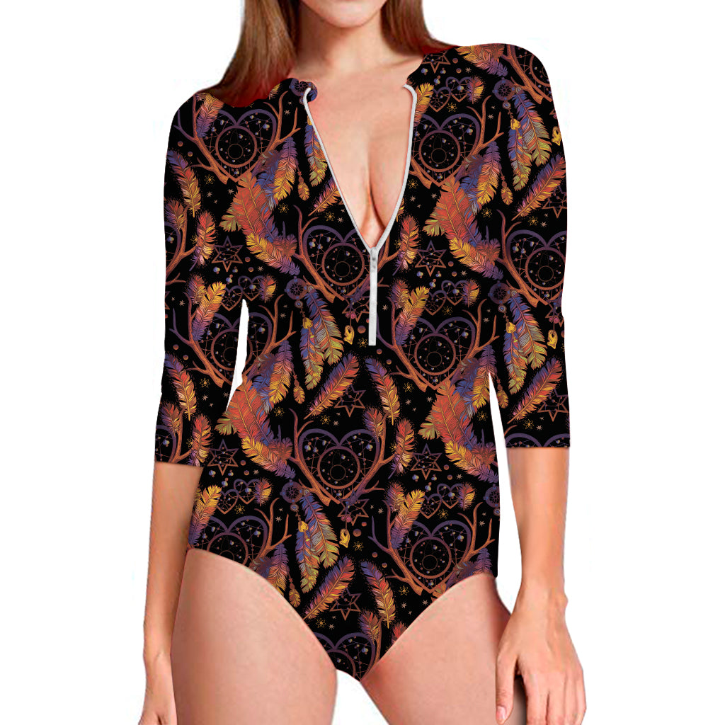 Indian Tribal Dream Catcher Print Long Sleeve One Piece Swimsuit