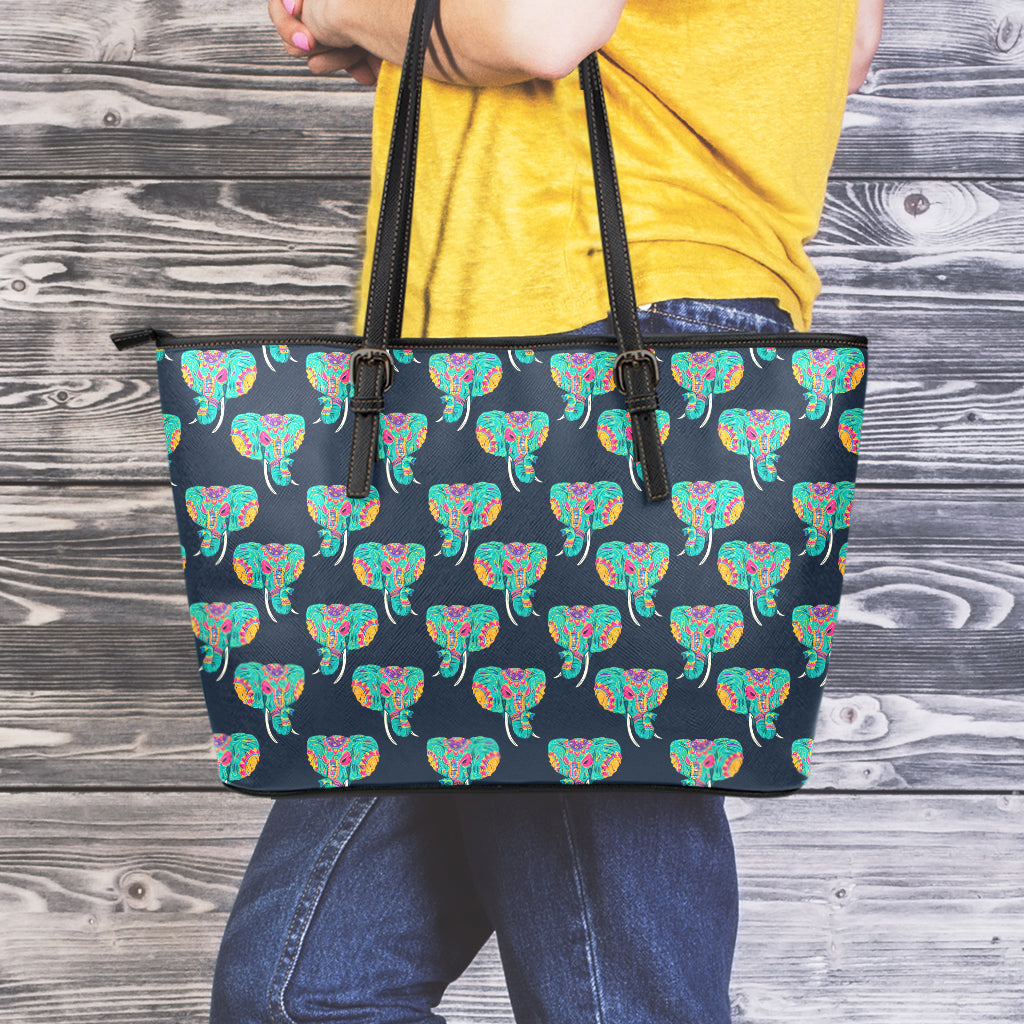 Indian Tribal Elephant Pattern Print Leather Tote Bag