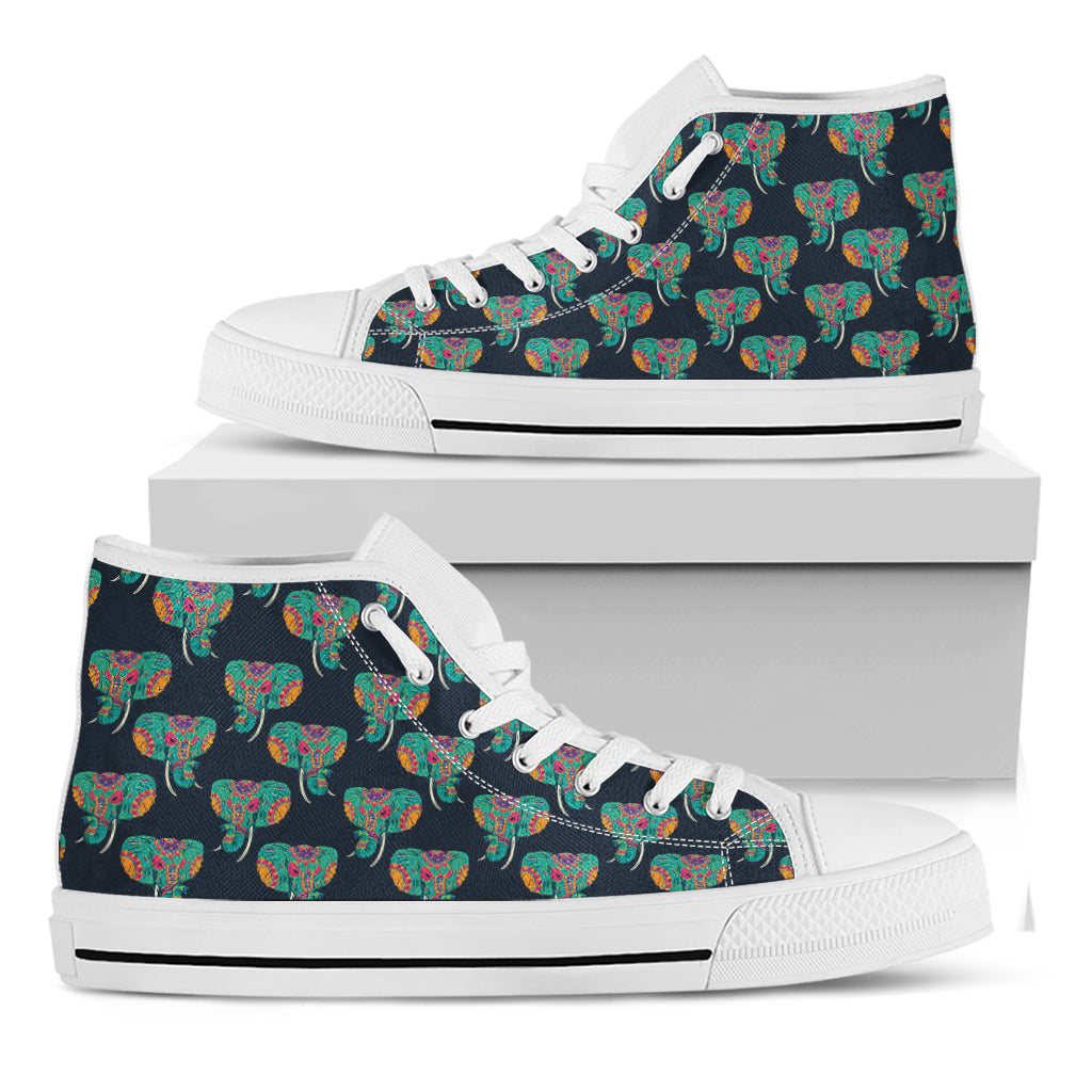 Indian Tribal Elephant Pattern Print White High Top Shoes