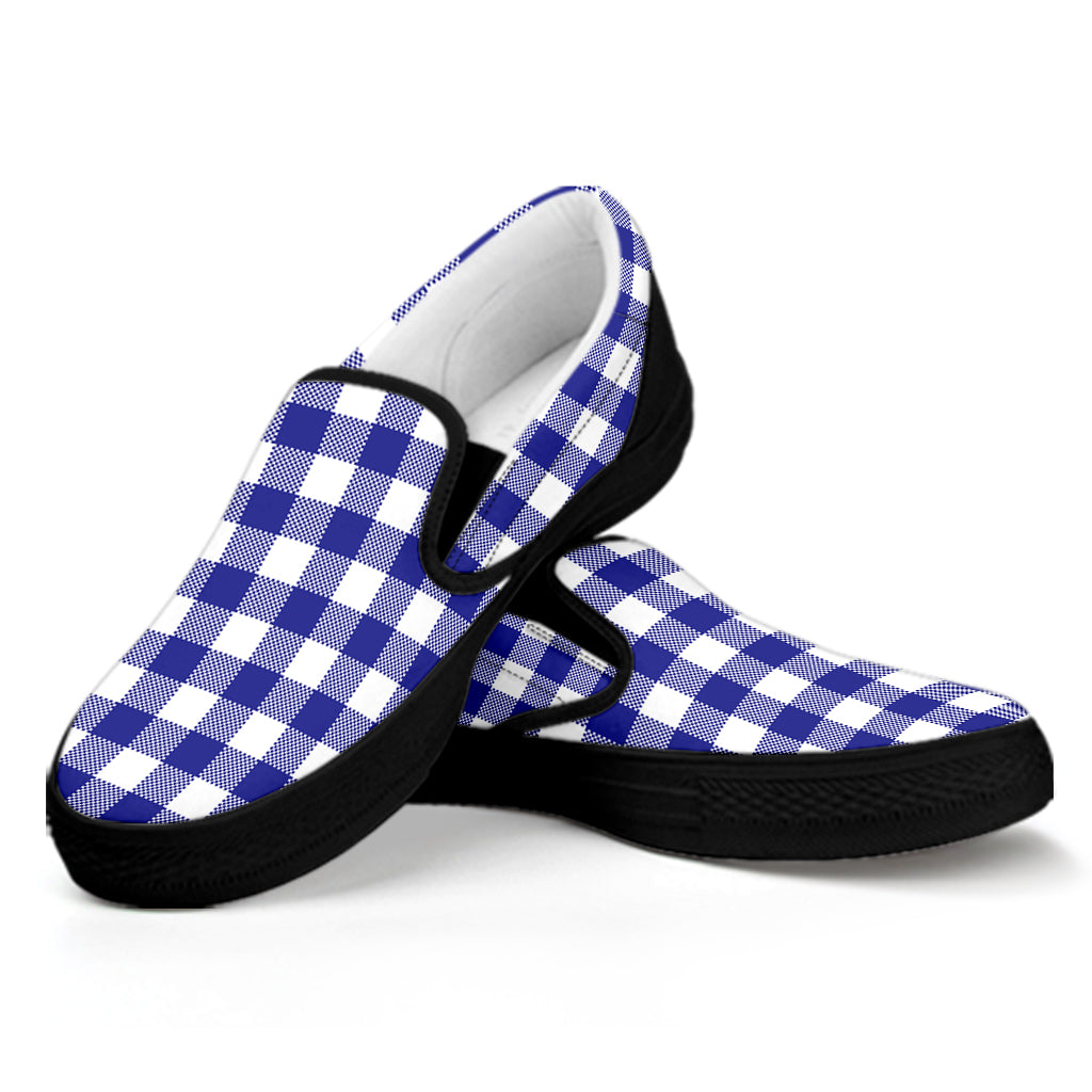 Indigo Blue And White Gingham Print Black Slip On Shoes