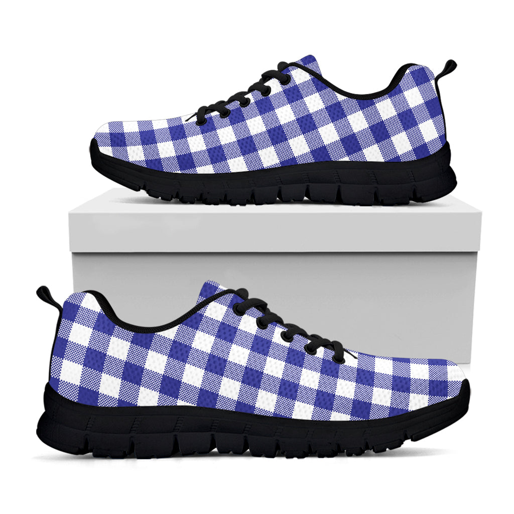 Indigo Blue And White Gingham Print Black Sneakers