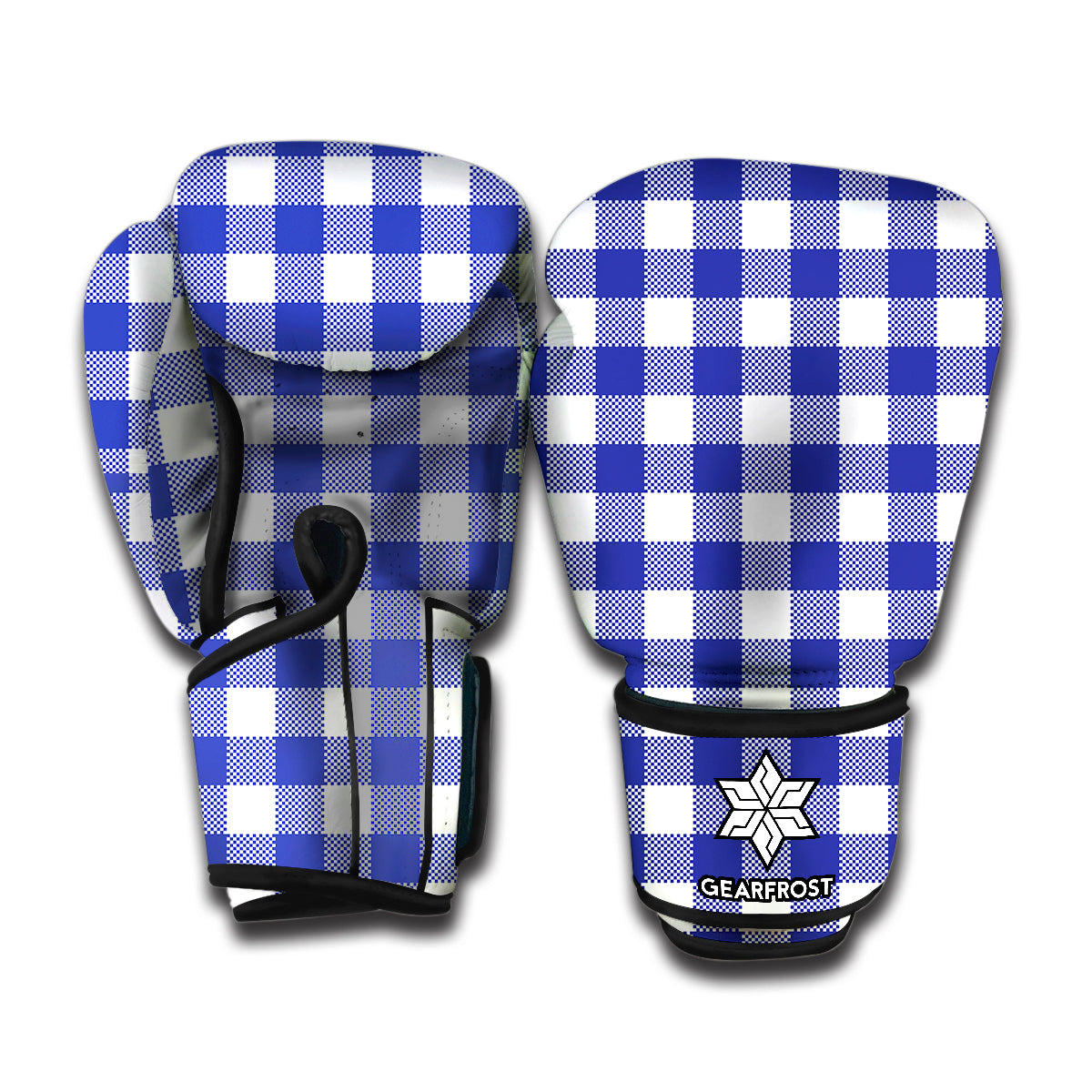 Indigo Blue And White Gingham Print Boxing Gloves