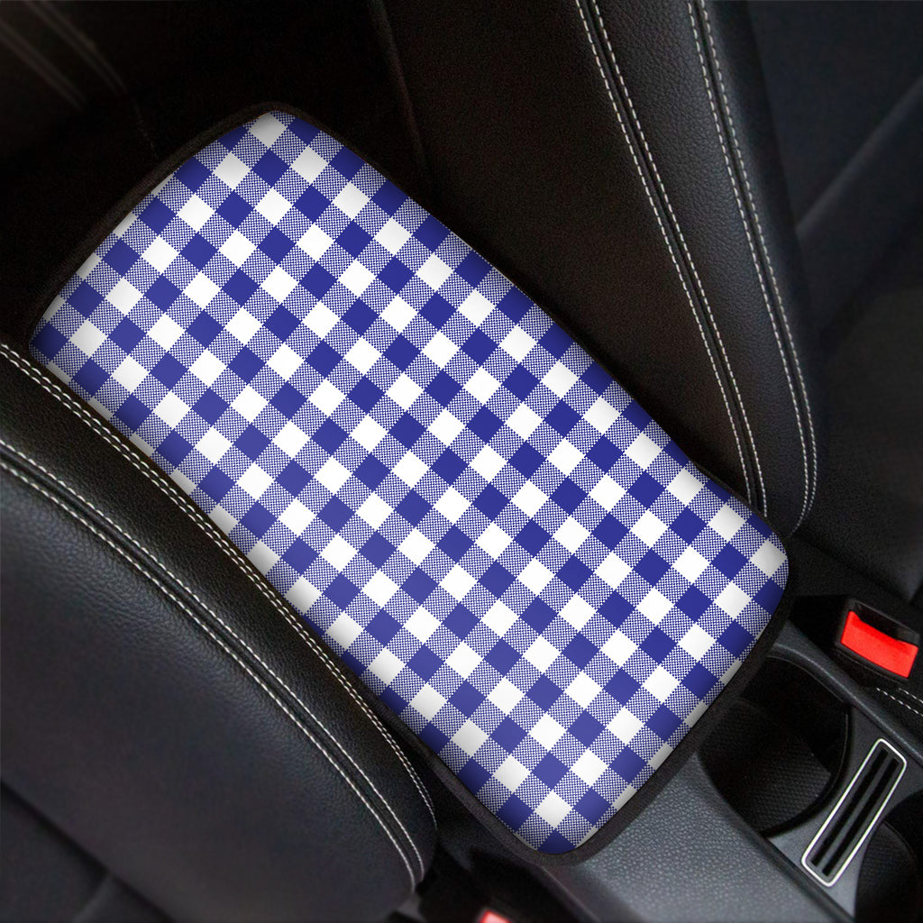 Indigo Blue And White Gingham Print Car Center Console Cover