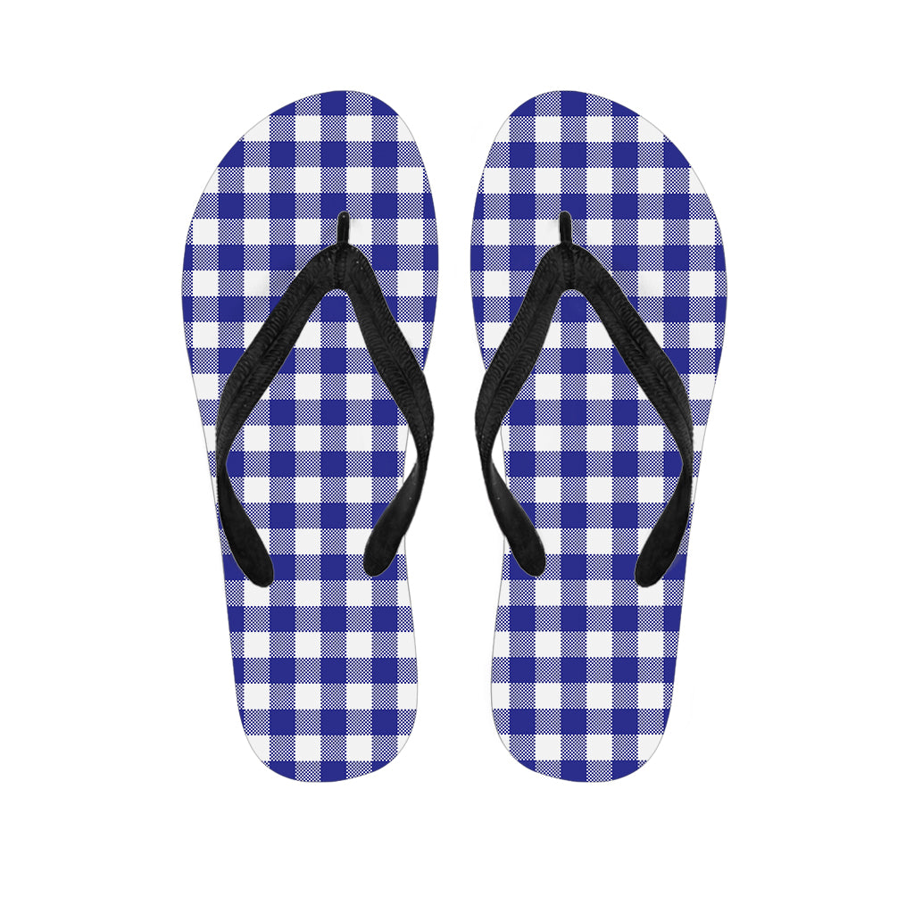 Indigo Blue And White Gingham Print Flip Flops