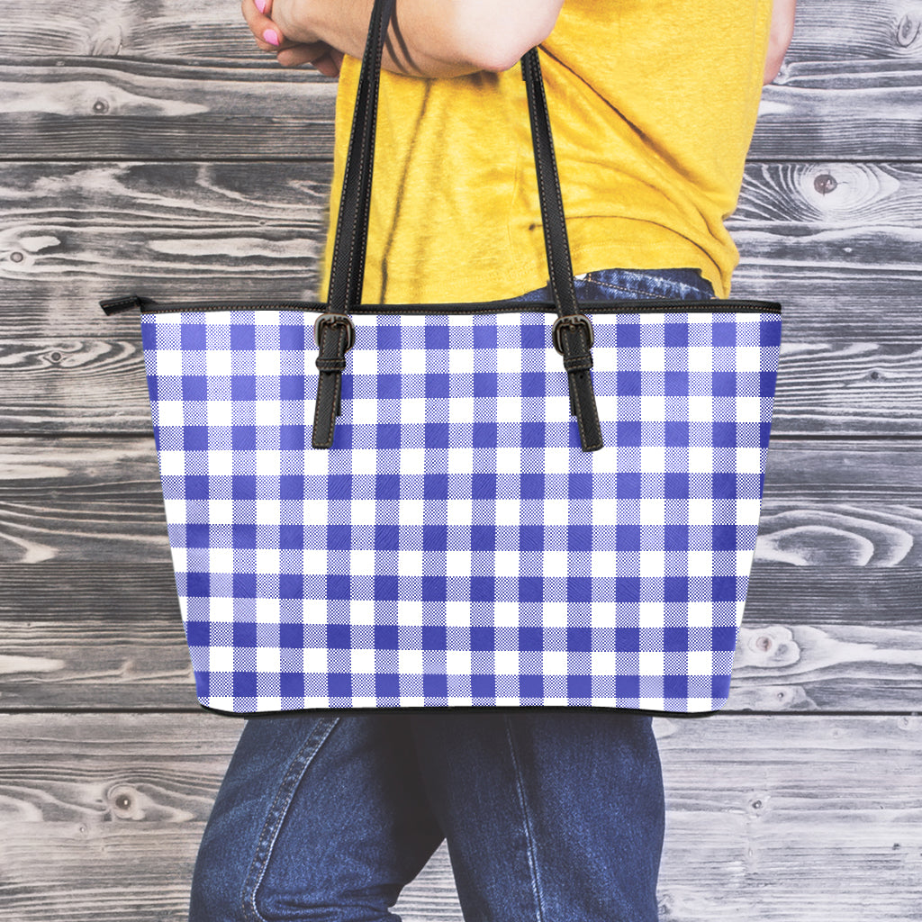 Indigo Blue And White Gingham Print Leather Tote Bag